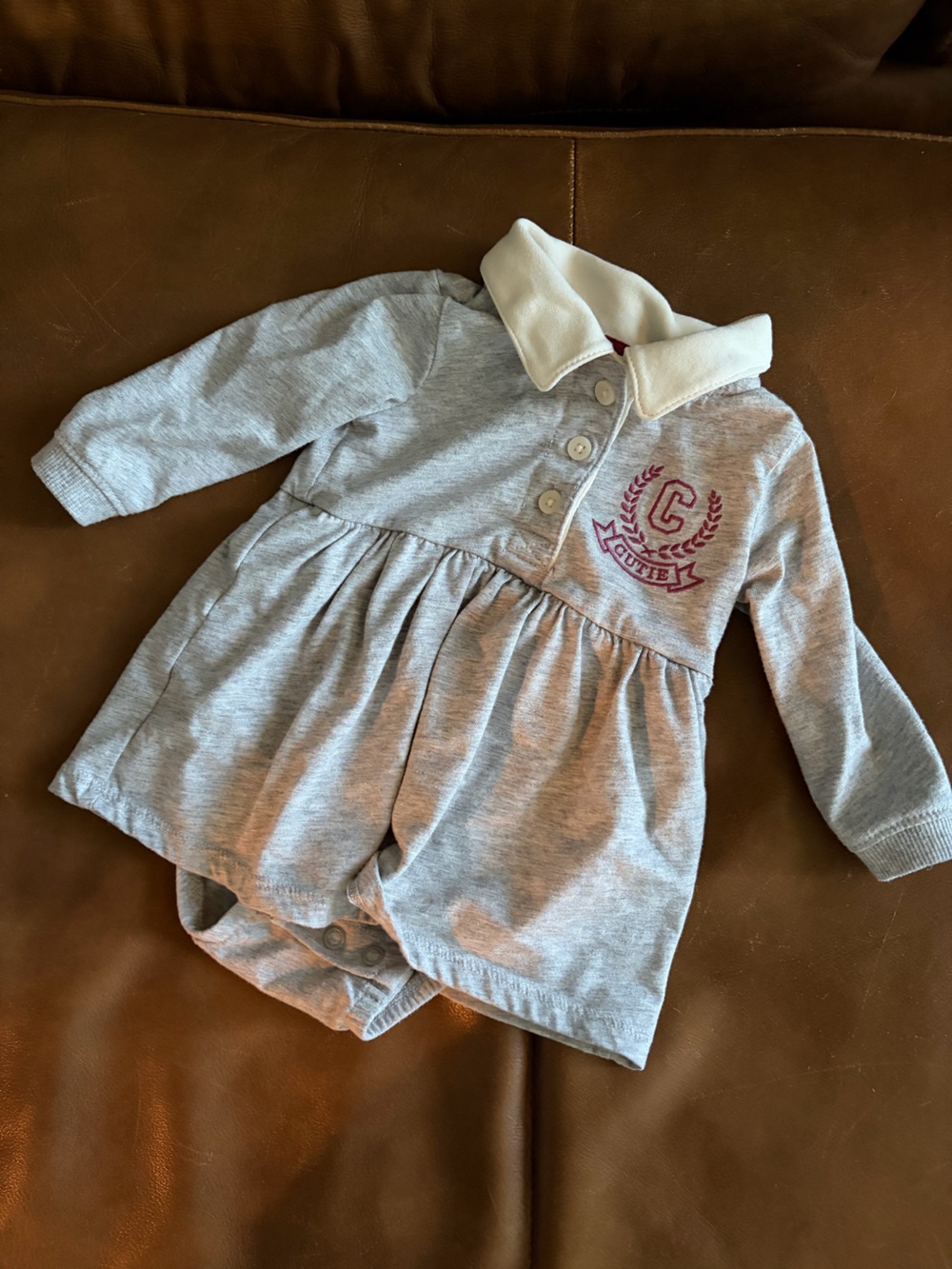 Carter's Gray Polo Dress Romper with White Collar and Maroon Crest